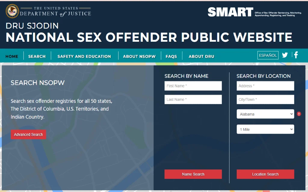 United States Department of Justice Offender Public Website requiring name and location as well as desired radius parameter for running search.