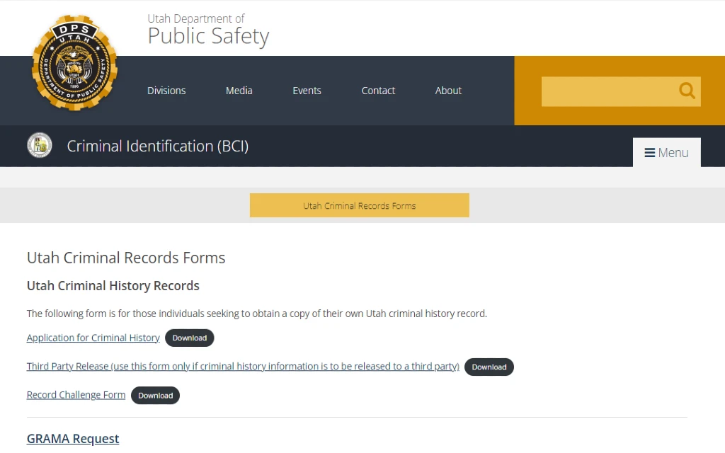 Department of Public Safety Criminal Identification records forms for requesting free Utah criminal records and criminal history information.