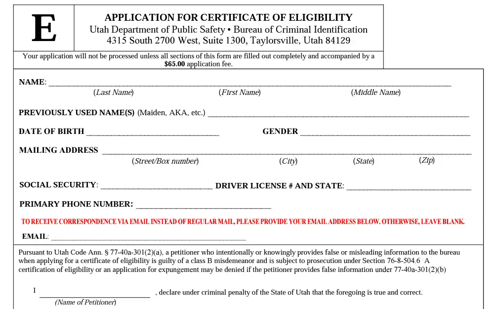 A screenshot of a form for application for certificate of eligibility for expungement.