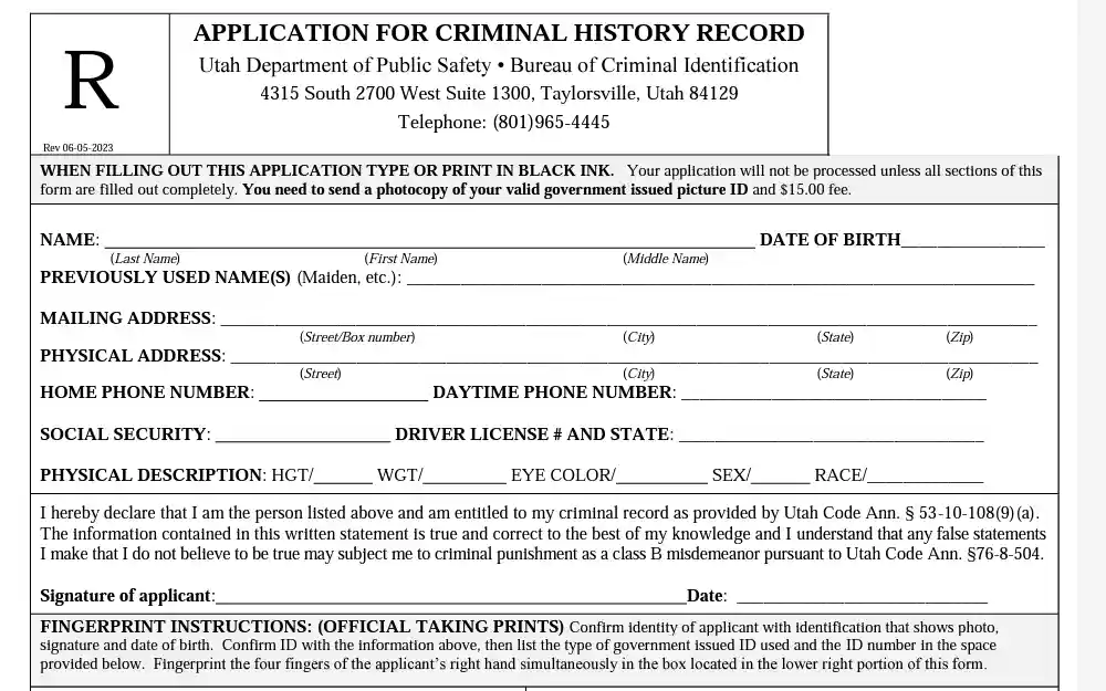 A screenshot of the application for criminal history record for an individual can use to obtain their own copy of their criminal history record in Utah.