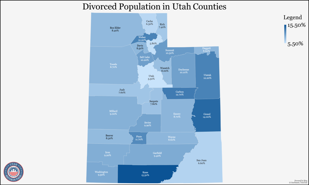 An image showing the Utah map with each county's divorce rate data (5-year estimates).