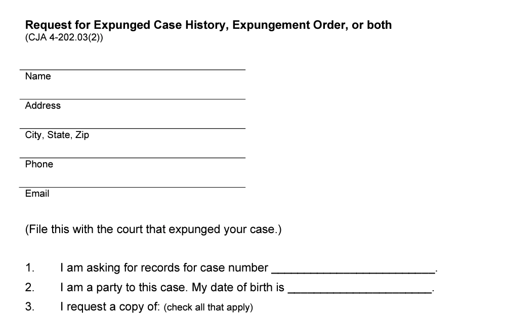 A screenshot of the request for expunged case history form an individual can use for expunging juvenile records.