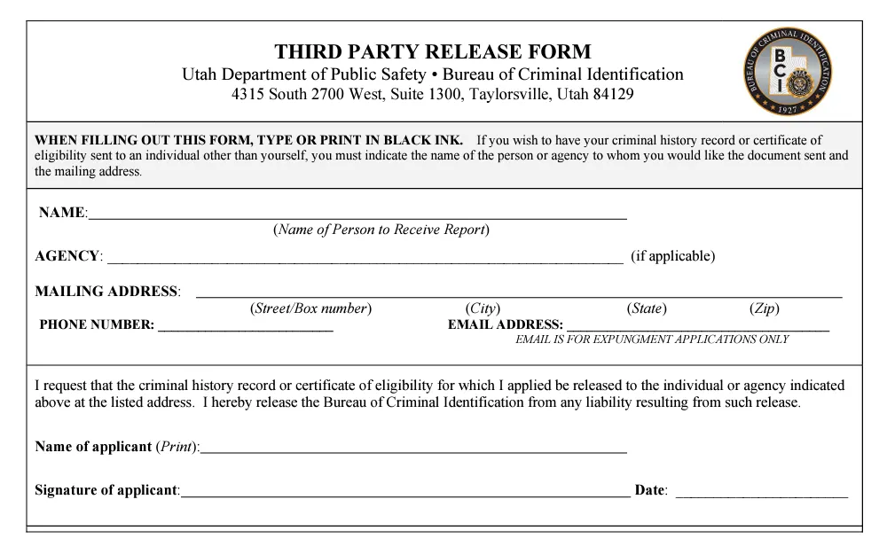 A screenshot of the third party release form screenshot to be used only if criminal history information is to be released to a third party.