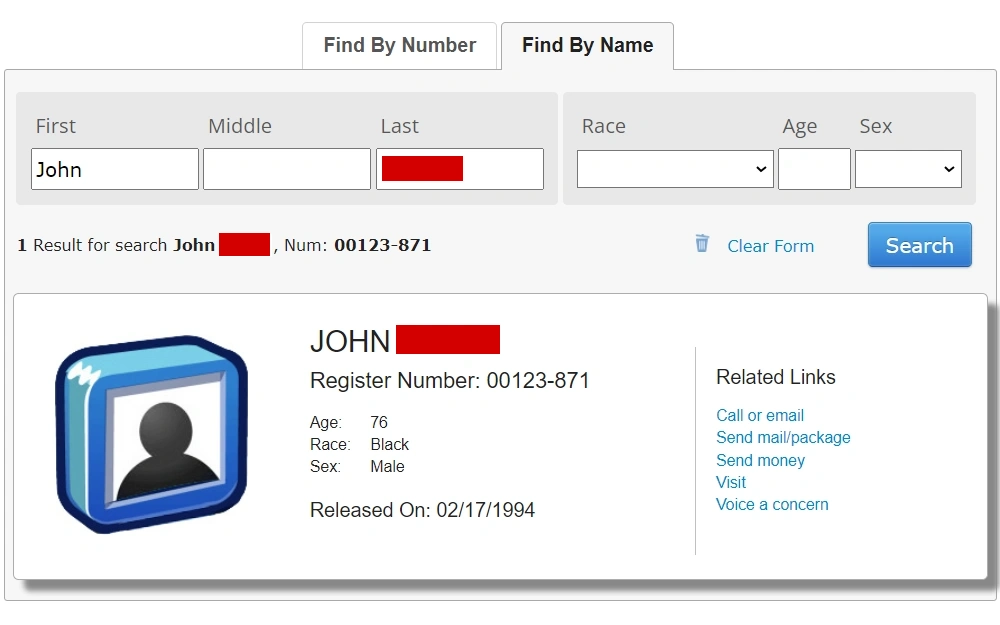 A screenshot of a federal inmate's information where users of this free search resource can search by either the subject’s name or BOP number, if known.