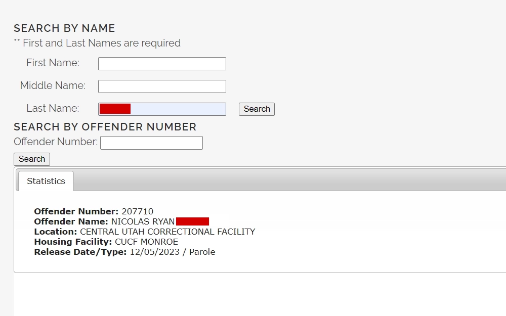 A screenshot of an offender's information that includes the name, offender's number, location, housing facility, and release date/type.