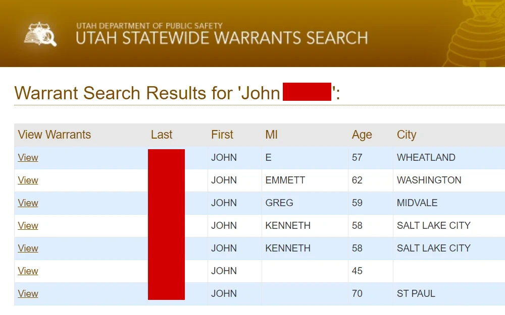 A screenshot of the Utah warrant list database to find out if there is an active warrant out for someone’s arrest.