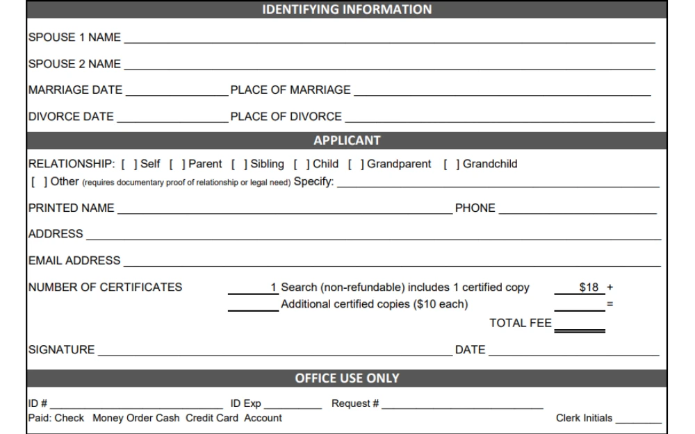 A screenshot of the marriage and divorce certificate request form, which requires information such as spouse names, marriage date, place of marriage, divorce date, and place of divorce, together with the relationship, printed name, phone number, address, email address, number of certificates and the amount to pay per copy.