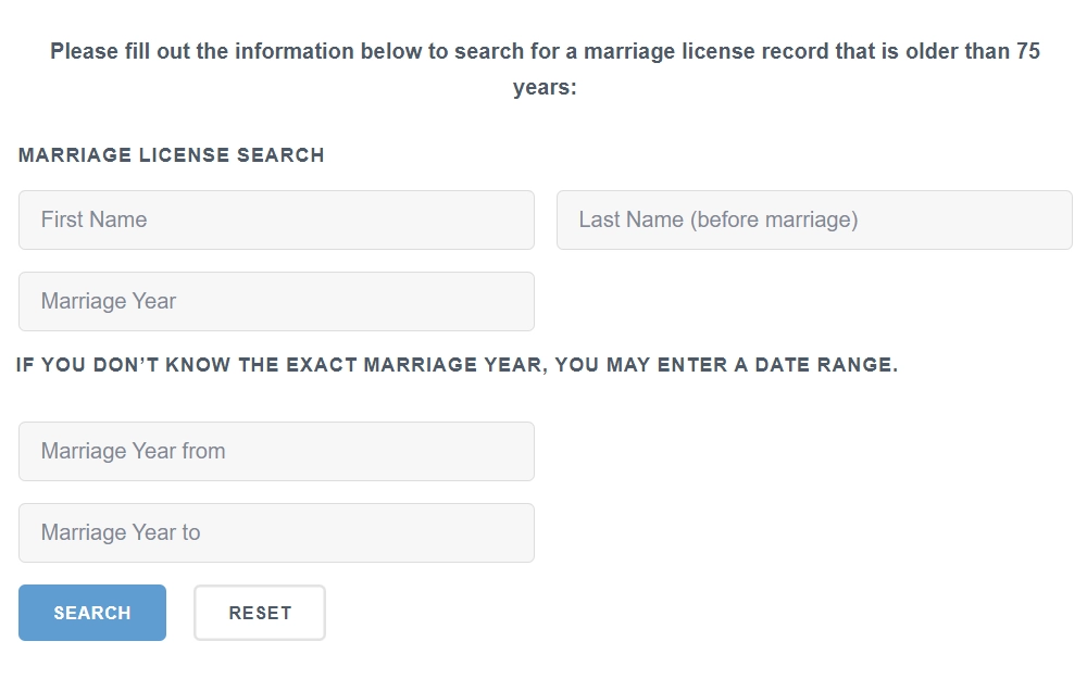 A screenshot of the license search tool for marriage showing fields for name and date range.