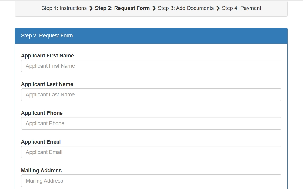 Screenshot of the second step for online record request with fields for the applicant information.
