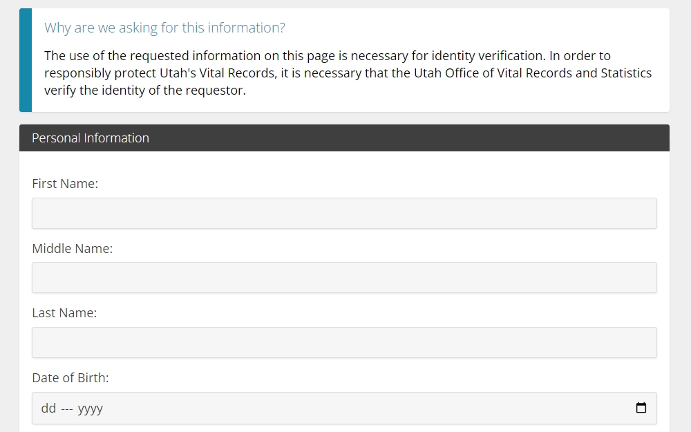 Screenshot of the requestor information page of the online request form for records of marriage.
