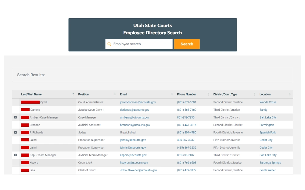 A digital directory listing showing a search bar for employee lookup and search results that include columns for name, position, email, phone number, district/court type, and location for various court employees.