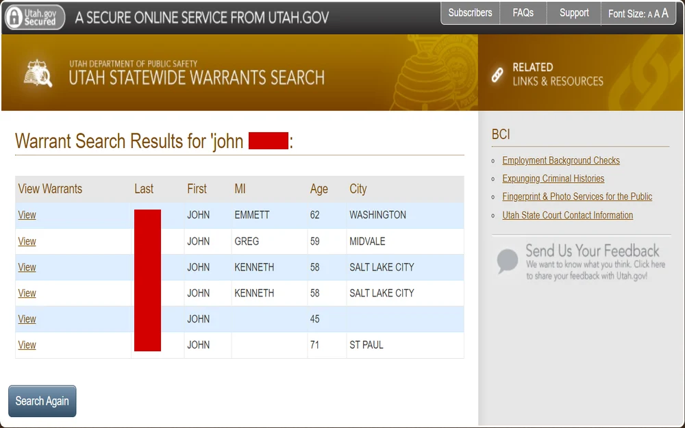 A digital interface for a warrant search result page, listing multiple entries with varying middle initials and ages, alongside their associated cities, indicating a comprehensive search output from a government website dedicated to public safety and warrant tracking.