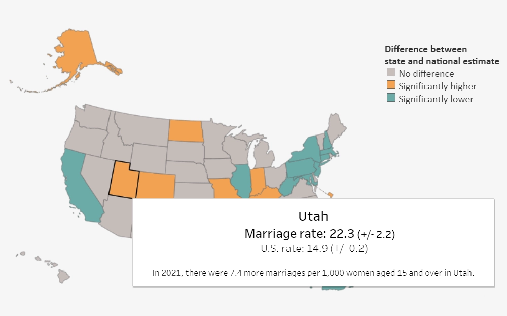 Screenshot of the map of United States showing each state color coded by significant differences in rates, and highlighting data in Utah.