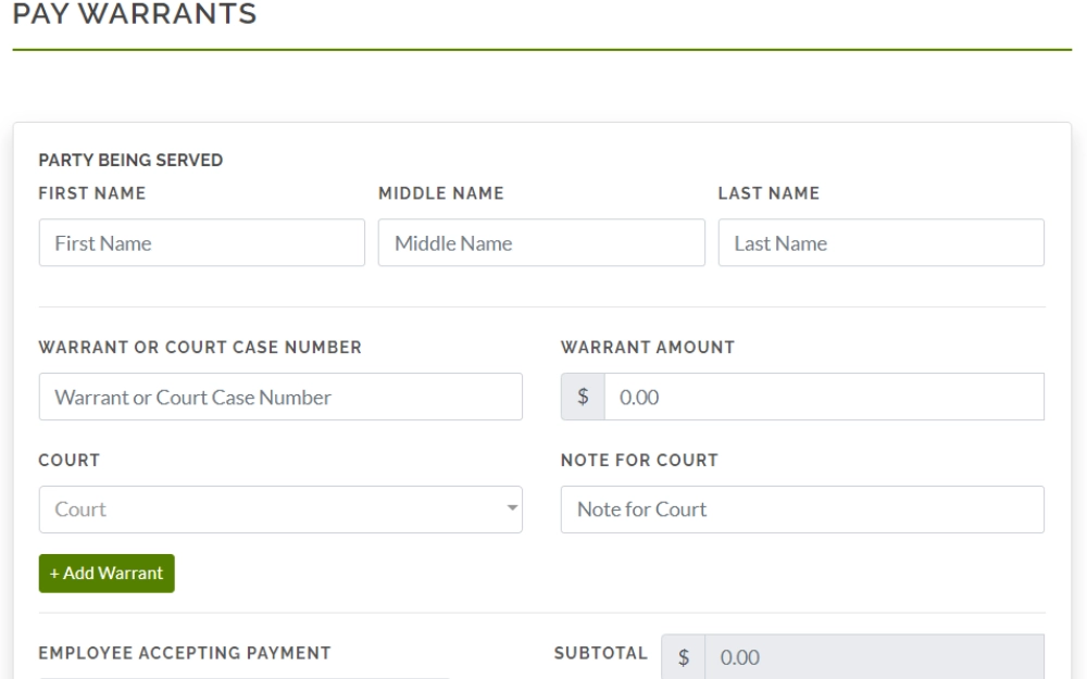 A digital form titled 'Pay Warrants' with fields for entering personal information, warrant or court case number, warrant amount, court selection, a section for notes to the court, and a button to add multiple warrants, including contact information for assistance and a prominent 'Pay Warrants' button.