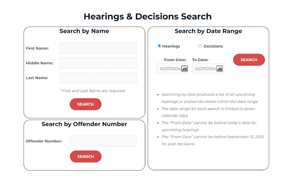 A screenshot showing the Hearings and Decisions Search tool of the Utah Board of Pardons and Parole with search options by name requiring the first and last name, by date range that the "From Date" cannot be today's date for upcoming hearings, and the "From Date" cannot be before September 13, 2023, or by offender number.