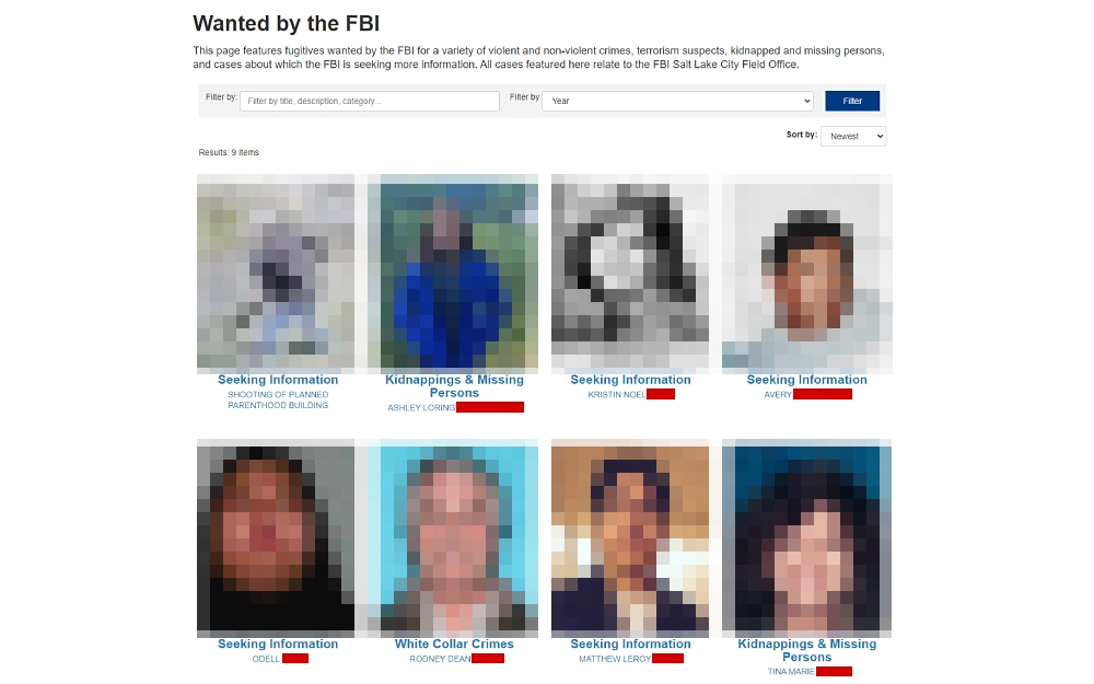 A screenshot displaying a Wanted by Federal Bureau of Investigation list for different crimes and cases showing information such as name, category and a photo preview of each fugitive.