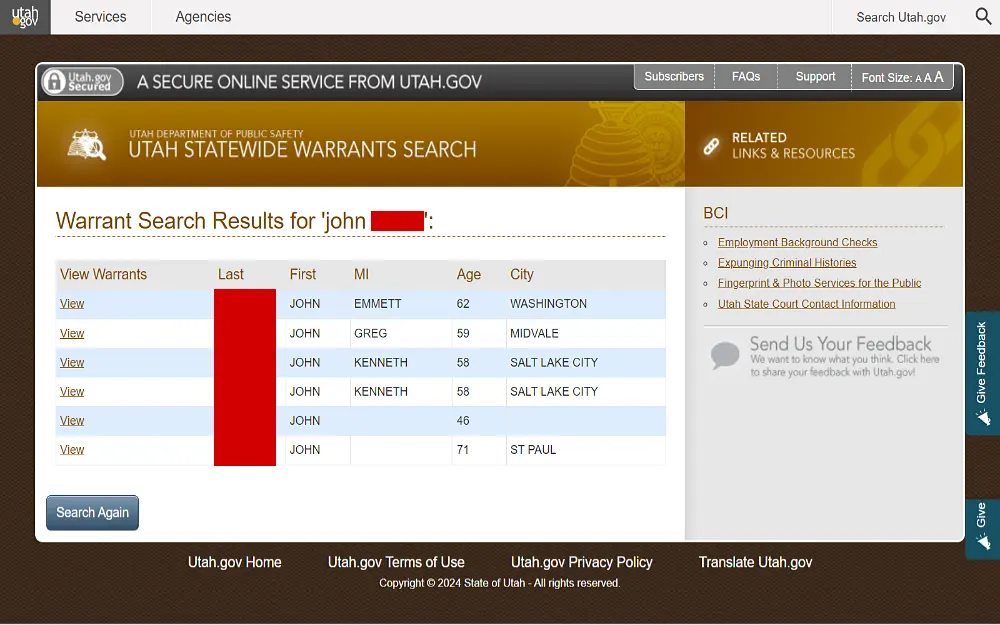 A screenshot showing warrant search results displaying information such as first, middle and last name, age, and city from the Utah Department of Public Safety website.