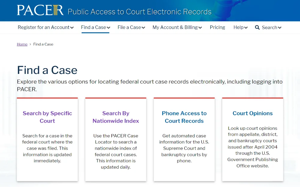 A screenshot showing a case finder with options to search by the specific court, nationwide index, phone access to court records and lookup court opinions from appellate bankruptcy and district courts.