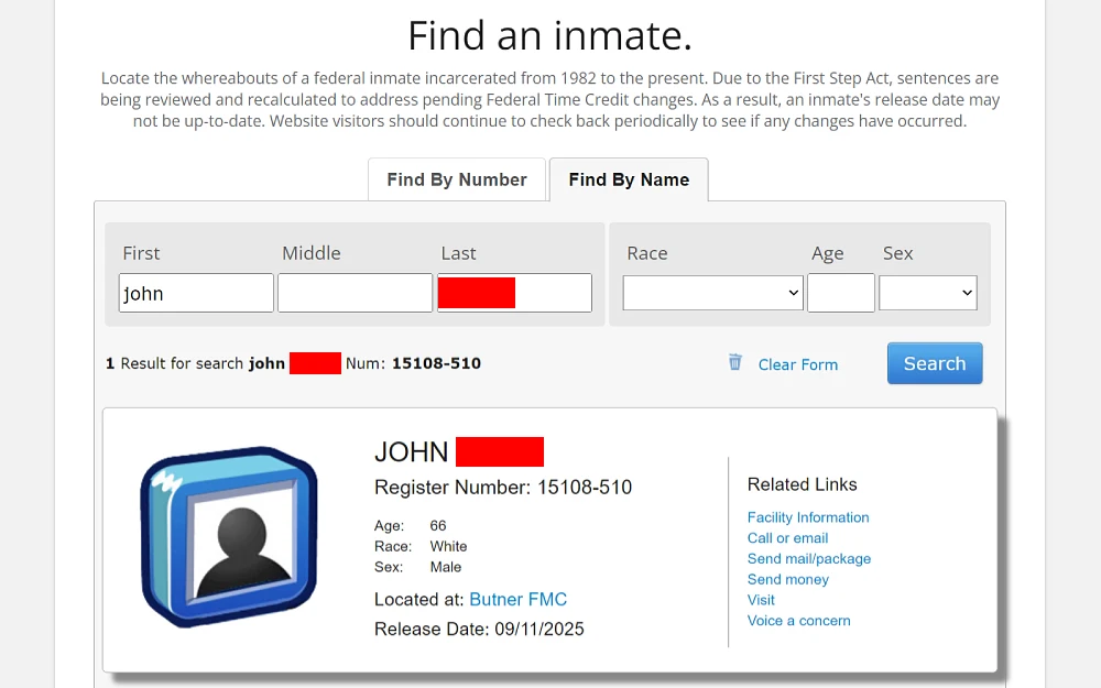 A screenshot showing an inmate locator displaying search fields such as race, age, first, middle and last name, and sex, displaying additional details including register number, location, and release date.