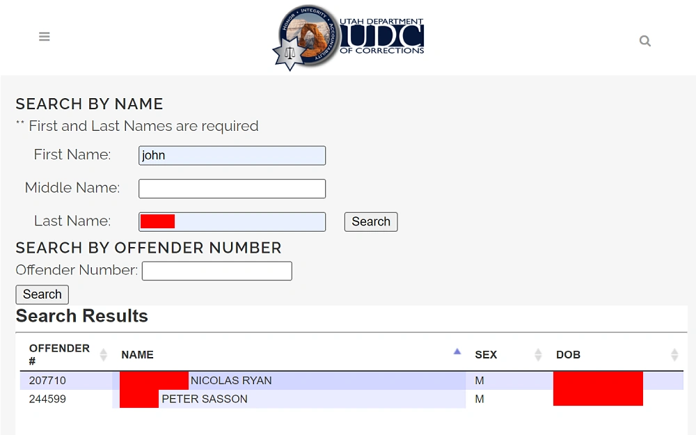 A screenshot shows the Utah Department of Corrections search by name or offender number, requiring the first and last name, offender number, and middle name as additional criteria and search results. 
