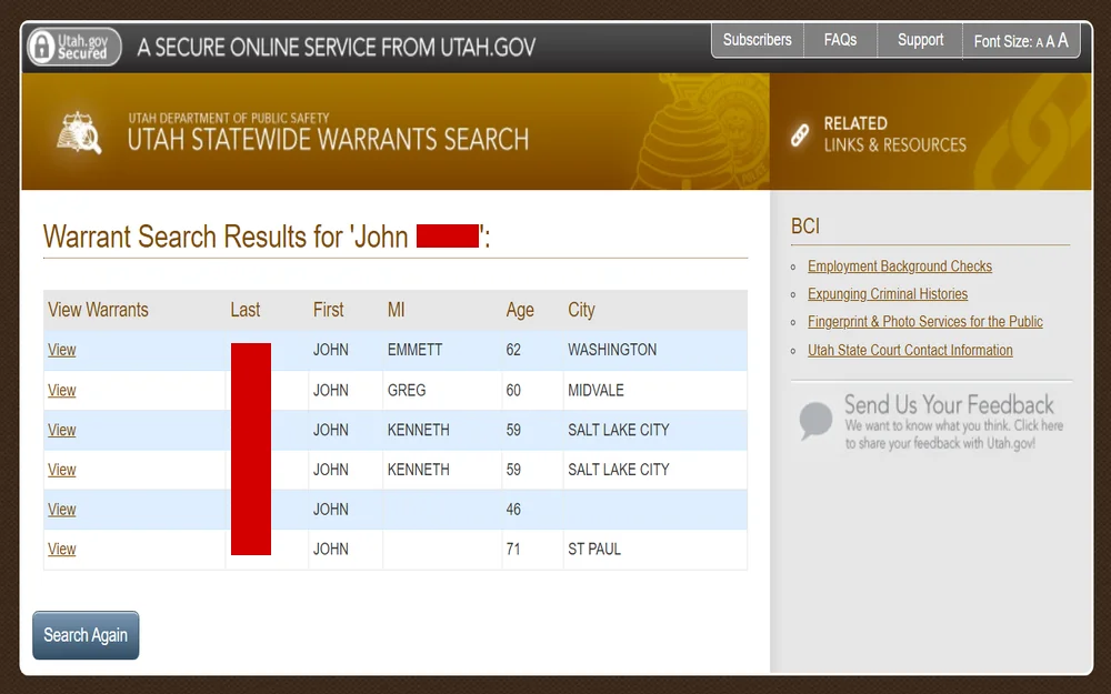A screenshot from the Utah Department of Public Safety's statewide warrants search tool results detailing the last and first names, middle initials, ages, and city names of several individuals with warrants.