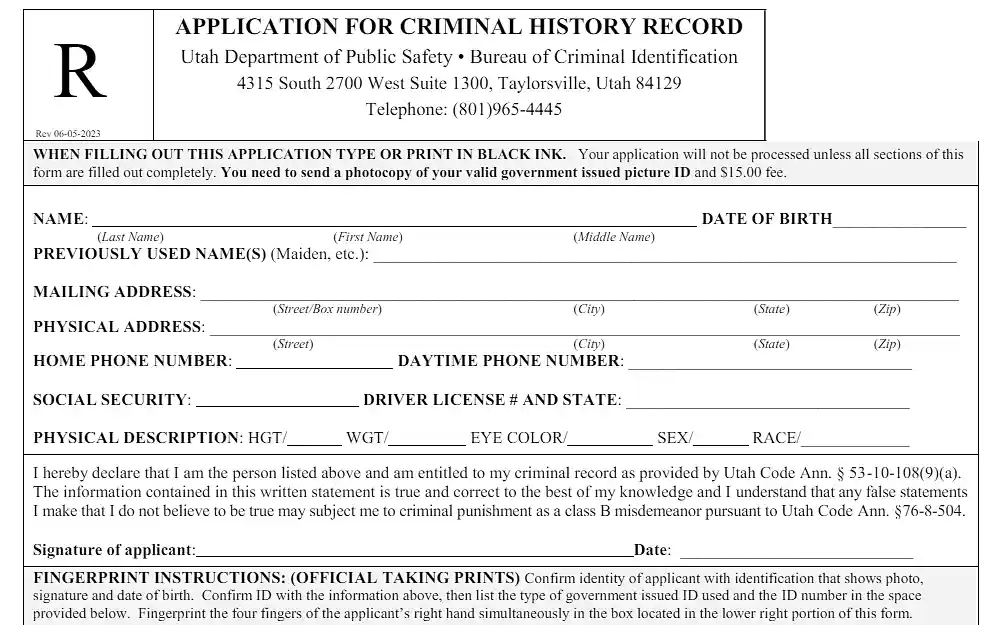 A screenshot showing an application for criminal history record from the Utah Department of Public Safety website requiring personal information such as first, last and middle name, previously used names, mailing and physical address and more.