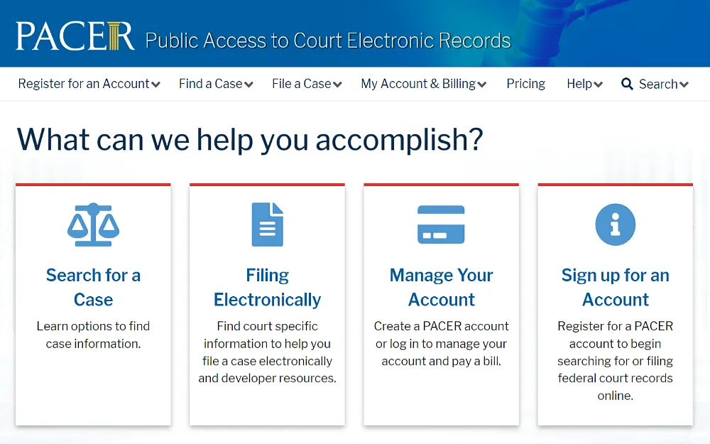 A screenshot displaying the Public Access to Court Electronic Records with options to search for a case, file electronically, manage and sign up for an account.