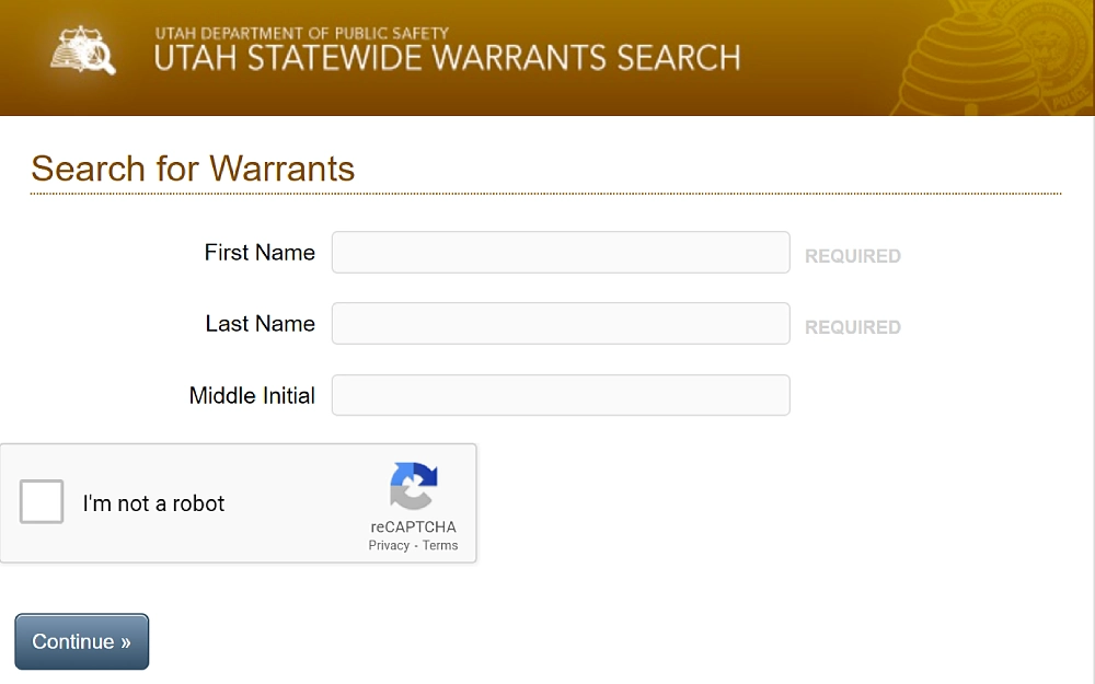 A screenshot showing the public can search warrants statewide using the Utah statewide warrant search tool which only needs first and last name to perform the search.
