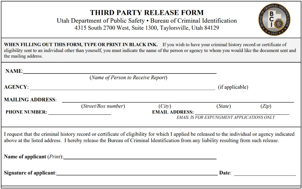 A screenshot of the third party release form screenshot to be used only if criminal history information is to be released to a third party.