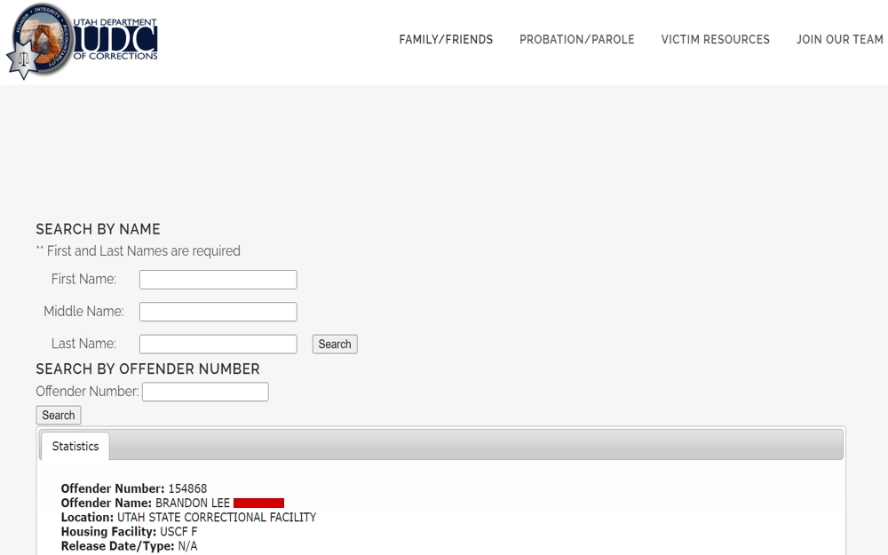 A screenshot of an offender's information that includes the name, offender's number, location, housing facility, and release date/type.